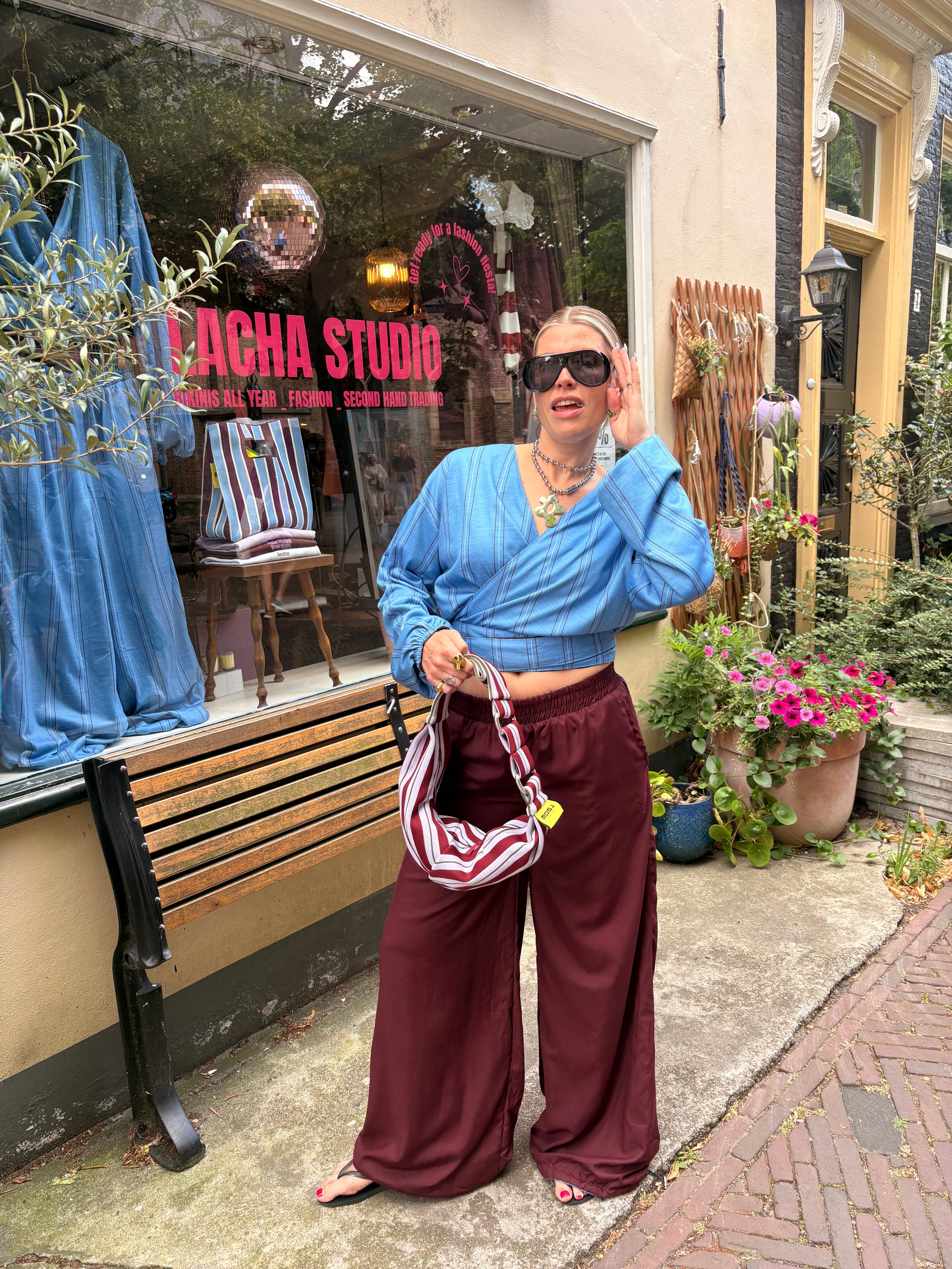 LACHA Studio - Reversible Wide to Balloonpants in Burgundy/ Blue Pinstripe - LACHA FOREVER DROP