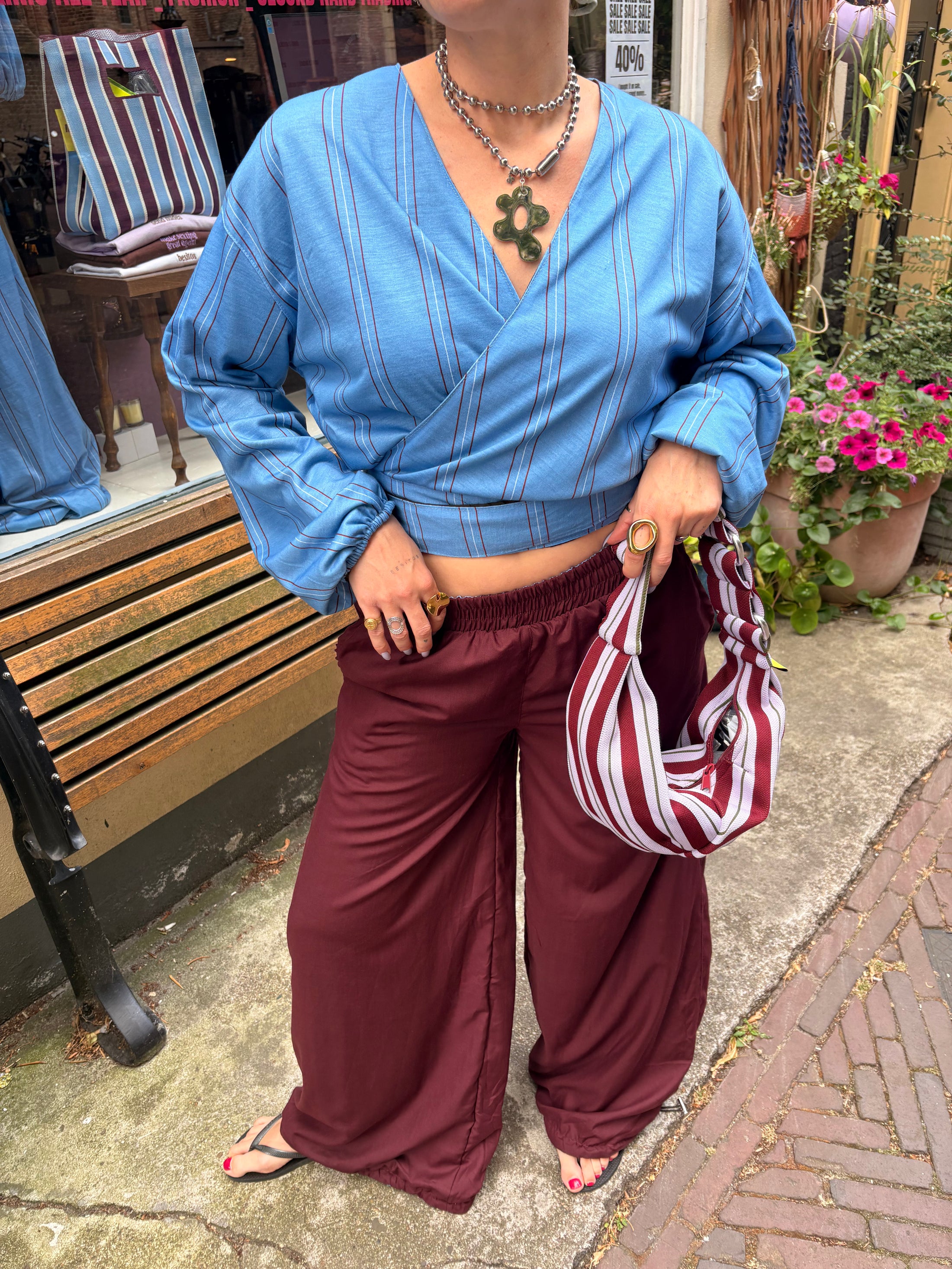 LACHA Studio - Reversible Blouse in Burgundy/ Blue Pinstripe - LACHA FOREVER DROP