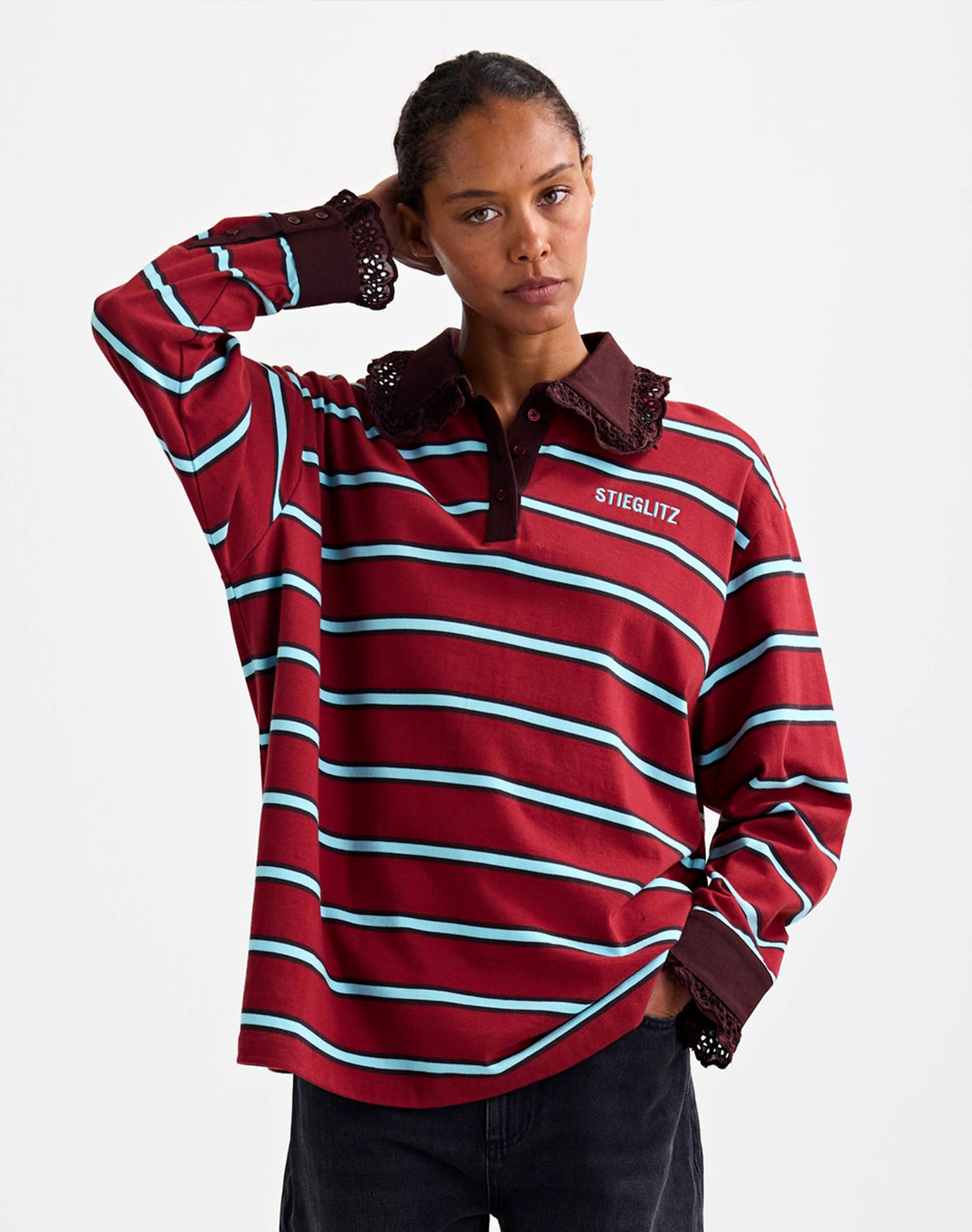 PRE ORDER - Stieglitz Cira Gestreepte Polo Longsleeve Lace Cuff Bordeaux - Valt heel ruim