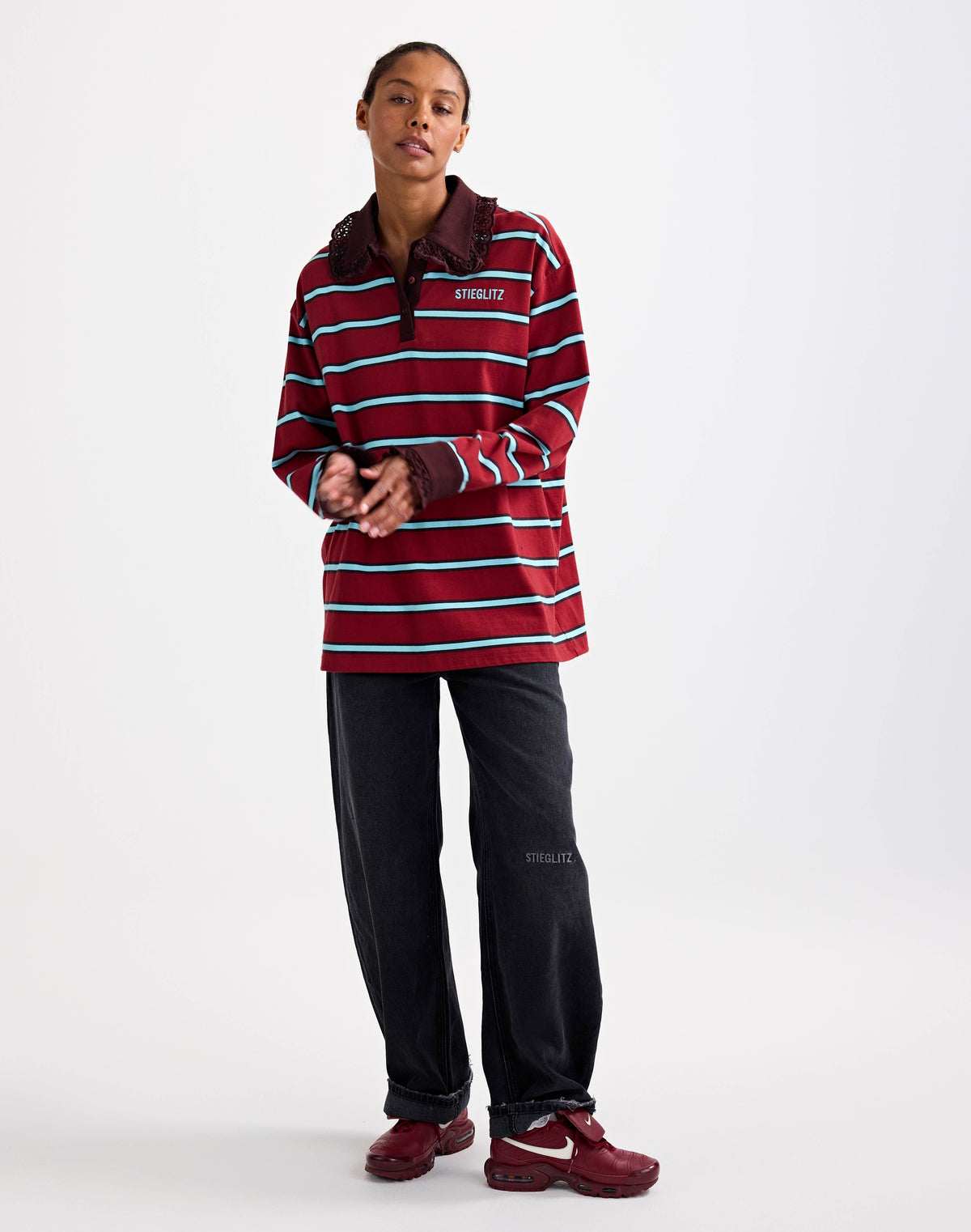 PRE ORDER - Stieglitz Cira Gestreepte Polo Longsleeve Lace Cuff Bordeaux - Valt heel ruim