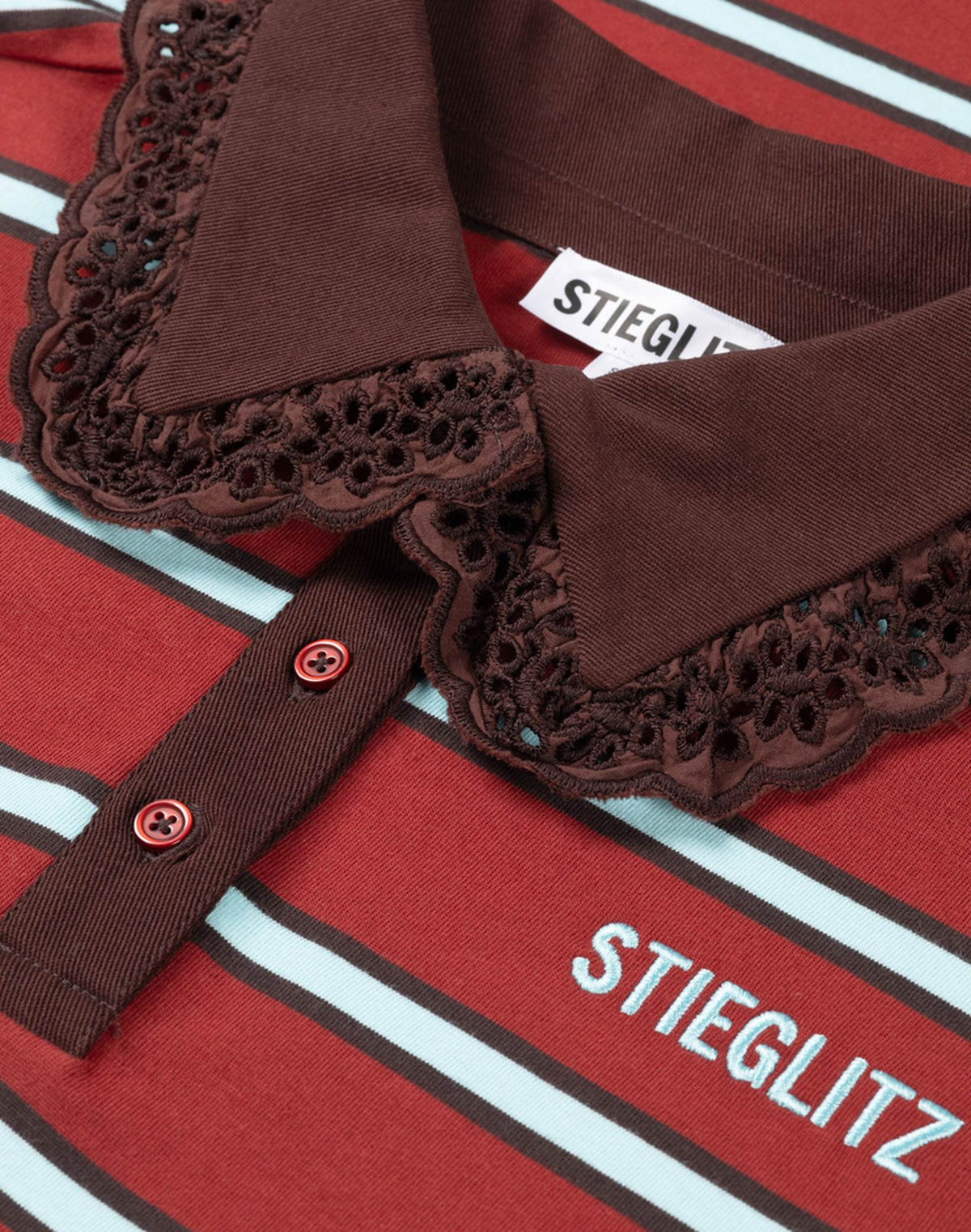 PRE ORDER - Stieglitz Cira Gestreepte Polo Longsleeve Lace Cuff Bordeaux - Valt heel ruim