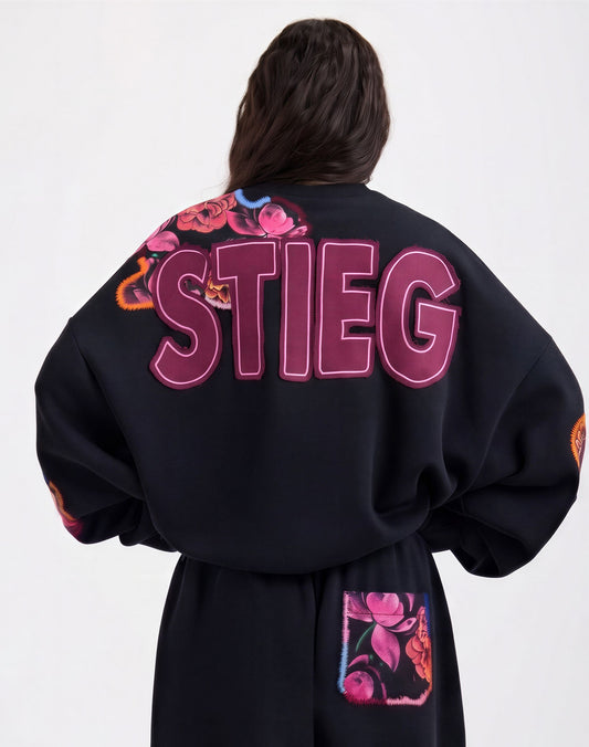 Stieglitz Nero Oversized Sweater met borduursel zwart