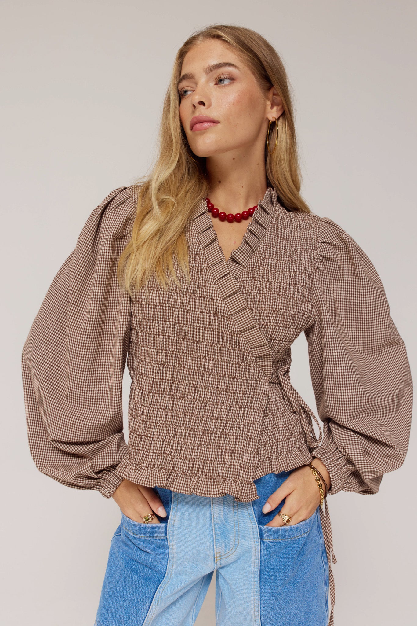 Harper and Yve Debby Overslag Blouse ruit dark fudge