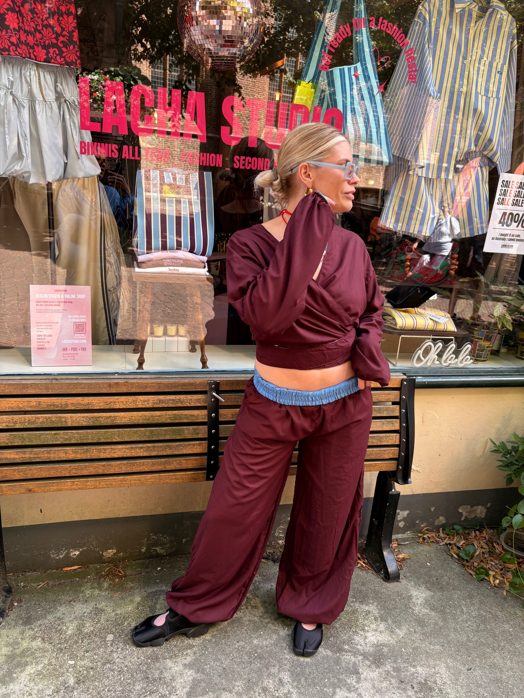 LACHA Studio - Reversible Wide to Balloonpants in Burgundy/ Blue Pinstripe - LACHA FOREVER DROP
