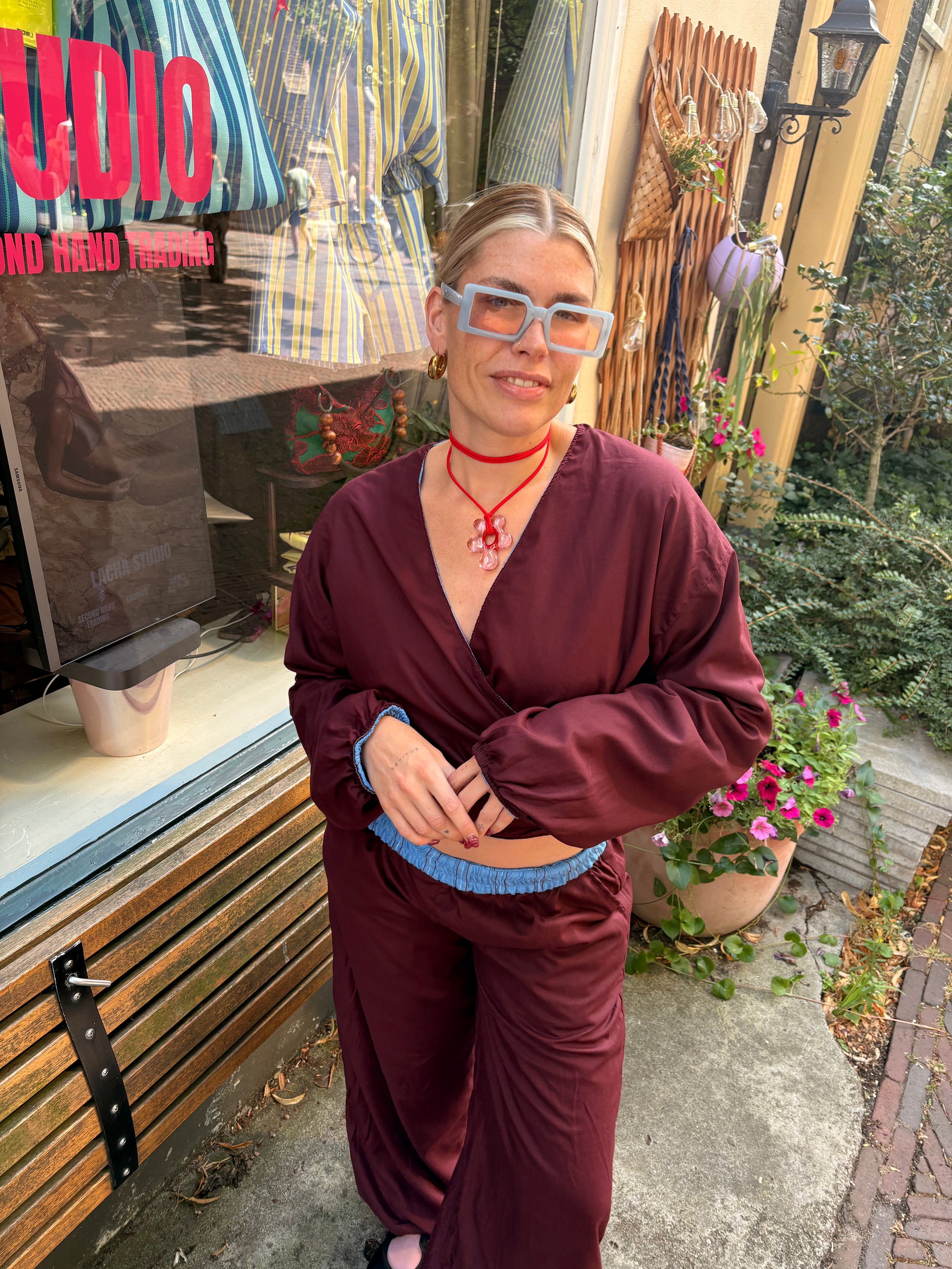 LACHA Studio - Reversible Wide to Balloonpants in Burgundy/ Blue Pinstripe - LACHA FOREVER DROP